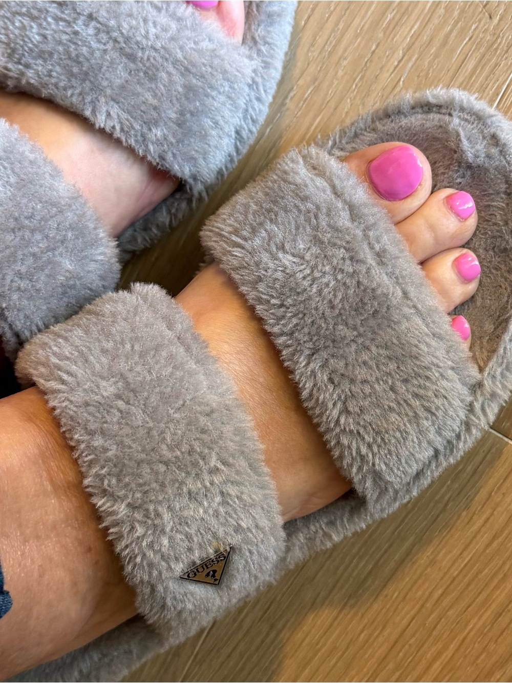Guess Plush Fuzzy Slide Slippers gray color